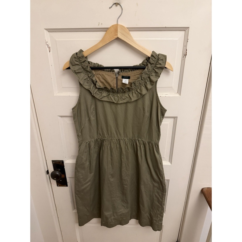 J.Crew Women's Y2K Olive Green Ruffle Sleeveless Dress 100% Cotton Size 10‎